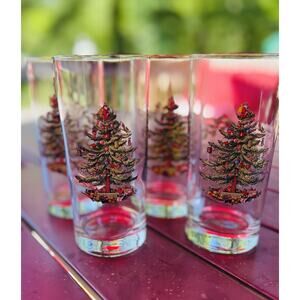 4 Spode England Christmas Tree 12 ounce Highball Glasses Tumblers 6 1/4" READ
